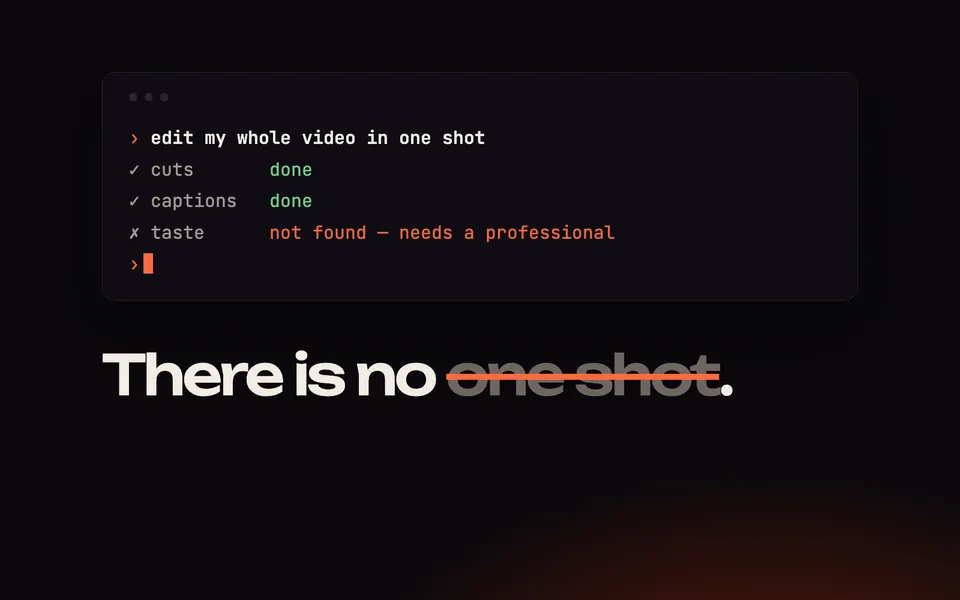 A terminal asked to edit a whole video in one shot: cuts done, captions done, taste not found — needs a professional