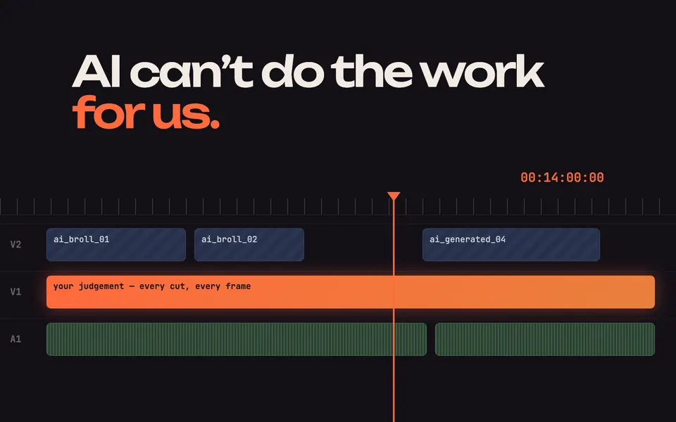 A video editing timeline: small AI clips on top, and one long track of human judgement holding the whole edit together